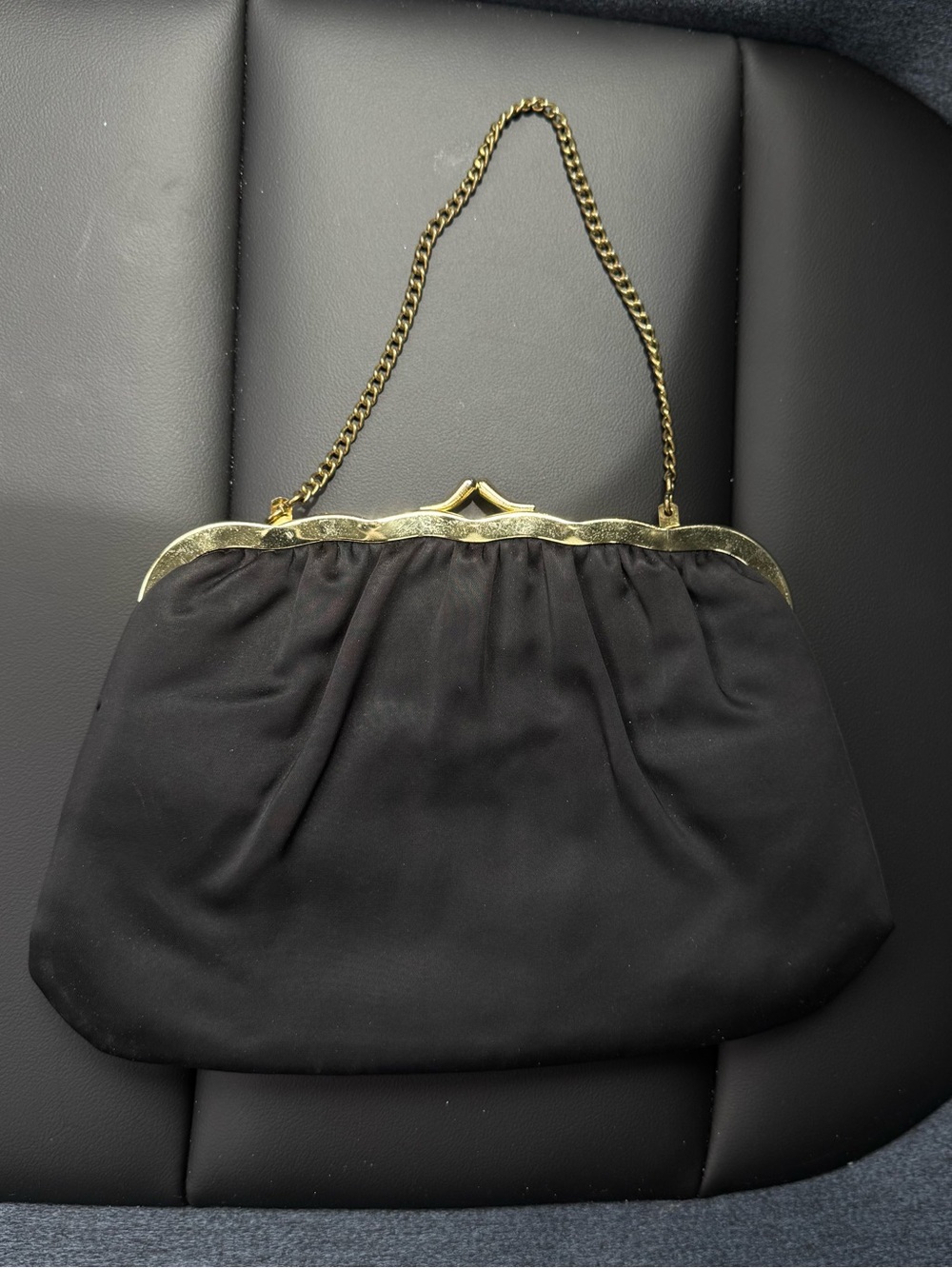 Vintage Classic Black Evening Clutch with Gold Scalloped Frame on Chain